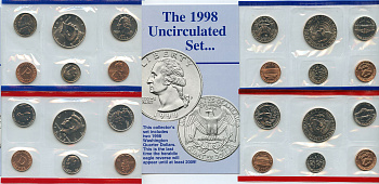 США официальный набор из 10 монет и 2 жетонов 1998 1, 5, 10, 25 и 50 центов, монетные дворы P и D, в оригинальном конверте KM MS 162   UNC  1181-4-11
