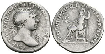 Римская Империя денарий 103 - 111 Траян COS V PP SPQR OPTIMO PRINC Рома, держащая Викторию Рим Very fine RIC 116 серебро 1073-4-26