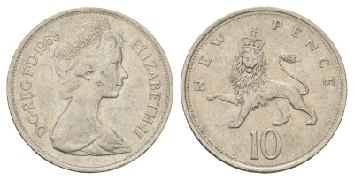 Великобритания 10 пенсов 1969 Елизавета II (1952-2022) KM 912, Spink 4231 (F1) медно-никель 4673-922