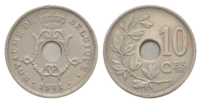 Бельгия 10 сантимов 1901 Belgique, Леопольд I (1865-1909) KM 48 медно-никель 603-1115