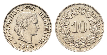 Швейцария 10 раппенов 1950 B KM 27 медно-никель UNC 4705-854
