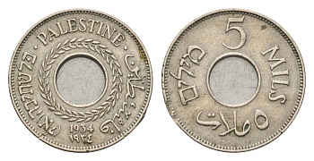 Израиль, Палестина 5 милей (милсов) 1934 Британская Палестина KM 3 медно-никель 5010-1914
