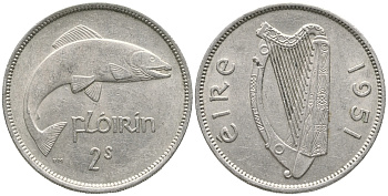ИРЛАНДИЯ 2 ШИЛЛИНГА = ФЛОРИН 1951 ЛОСОСЬ KM 15а медно-никель 46-2637