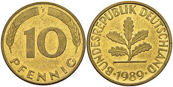 ФРГ 10 пфеннигов 1989 F KM 108, J. 383 сталь плакированная латунью 4163-1113