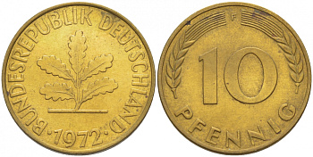 ФРГ 10 ПФЕННИГОВ 1972 F KM 108, J. 383 сталь плакированная латунью 4548-817