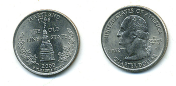США 25 центов = квотер 2000 D, серия штаты США, Мэриленд KM 306 медь плакированная медно-никелем 4388-757