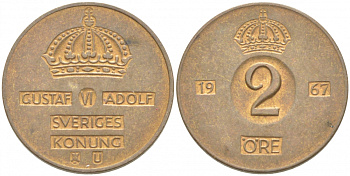 Швеция 2 эре 1967 Густав VI Адольф (1950-1973) KM 821 бронза 77-517