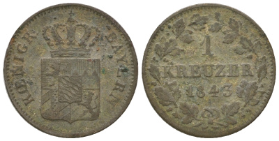 Бавария 1 крейцер 1843 Людвиг I (1825-1848) KM 422, AKS 88 серебро 4615-1222