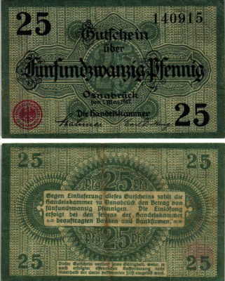 ОСНАБРЮК 25 ПФЕННИГОВ 1917 1 МАЯ 1917, НОТГЕЛЬД, ЗЕМЛЯ НИЖНЯЯ САКСОНИЯ Keller О26.1с бумага 6318-9-1-2