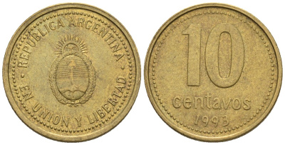 Аргентина 10 сентаво 1993 KM 107, CJ 3, Schon 110 алюминиевая бронза 4609-1249