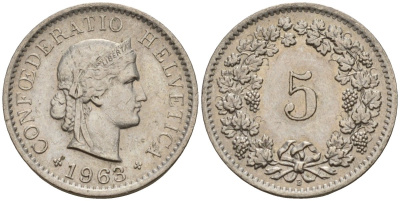 Швейцария 5 раппенов 1963 B KM 26 медно-никель 4189-335