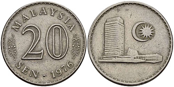 Малайзия 20 сенов 1976 здание Парламента KM 4 медно-никель 4511-1024