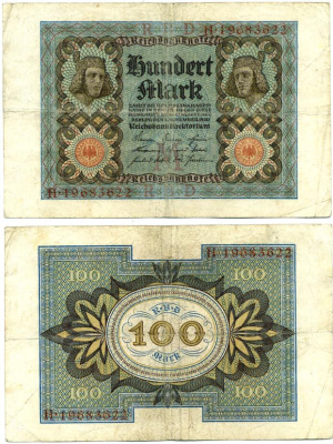 Германия 100 марок 1920 Бамбергский всадник, 8 цифр в номере Pick 69 b, Розенберг 69b бумага 3295-117-3-2