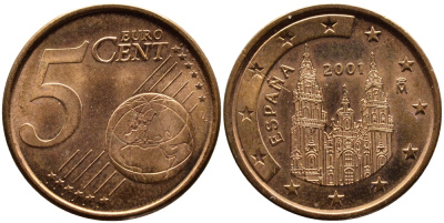 ИСПАНИЯ 5 ЕВРОЦЕНТОВ 2001 KM 1042 сталь плакированная медью 4391-143