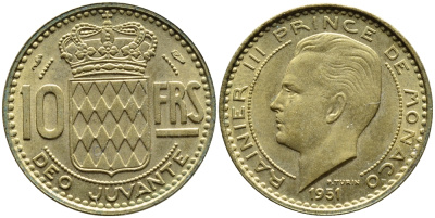 Монако 10 франков 1951 Ренье III (1949-2005) KM 130 алюминиевая бронза 4391-1031