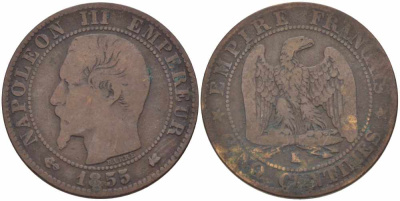 ФРАНЦИЯ 5 САНТИМОВ 1855 K, НАПОЛЕОН III (1852-1870) KM 777.5, LE FRANC 116.25 бронза 108-322