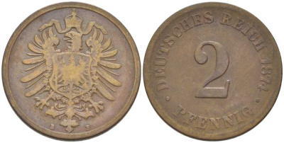 ГЕРМАНИЯ 2 ПФЕННИГА 1874 B, СТАРОГЕРБОВКА KM 2, J. 2, Weege 3 медь 212-455
