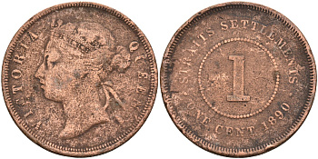 Стрейтс-Сетлментс 1 цент 1890 Виктория (1837-1901), Ост-Индская компания KM 16 бронза 4590-443