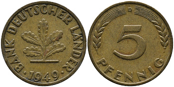 ФРГ 5 ПФЕННИГОВ 1949 D KM 102, J. 377 сталь плакированная латунью 33-156