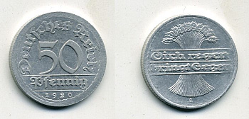 ГЕРМАНИЯ 50 ПФЕННИГОВ 1920 A KM 27, J. 301 алюминий 41-812