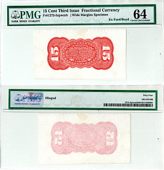 США, Fractional Currency 15 центов ND Образец реверса. Широкие поля. Третий выпуск. В холдере компании PMG. Сохранность - «64 Details». Friedberg № 1273-5SP  бумага 452-3-61