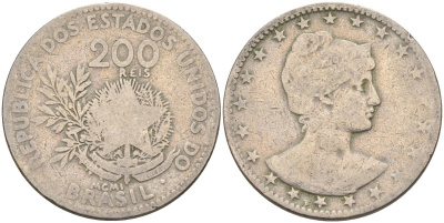 Бразилия 200 рейс 1901 голова свободы вправо KM 504 медно-никель 4589-1043