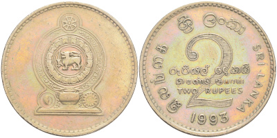 ШРИ-ЛАНКА 2 РУПИИ 1993 KM 145 медно-никель 189-526