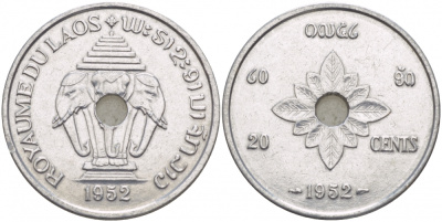 Лаос 20 центов 1952 король Сисаванг Вонг (1904-1959), слоны KM 5 алюминий 4545-512