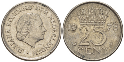 НИДЕРЛАНДЫ 25 ЦЕНТОВ 1978 ЮЛИАНА KM 183 никель 96-713