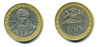 Чили 100 песо 2006 индейцы Мапуче KM 236 биметалл 29-327