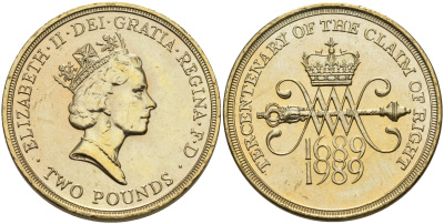 Великобритания 2 фунта 1989 Елизавета II (1952-2022), 300 лет "Биллю о правах" Шотландии KM 961, Spink 4313 (K3) никель латунь UNC 4557-342