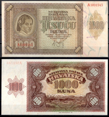 Хорватия 1000 кун 1941 Pick 4 a бумага aUNC 7553-30-3-2
