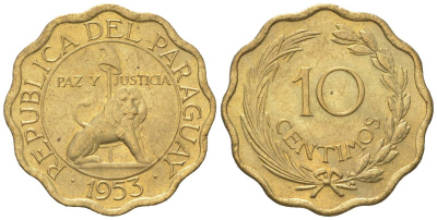Парагвай 10 сентимо 1953 лев, фригийский колпак на шесте KM 25 никель латунь aUNC 4585-752
