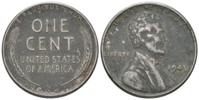 США 1 цент 1943 Авраам Линкольн KM 132 a сталь покрытая цинком 214-665