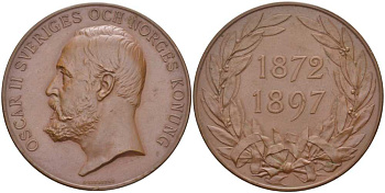 Швеция медаль 1890 серебряный юбилей, 25 лет правления короля Швеции и Норвегии оскара II (1872-1897), медальер Линдберг, диаметр 39 мм., вес 27,89 гр. бронза 1084-2-22