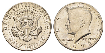 США 1/2 доллара (50 центов) 1972 D, Джон Кеннеди KM 202b медь плакированная медно-никелем aUNC 189-946