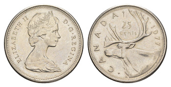 Канада 25 центов 1977 Елизавета II (1952-2022), олень KM 62b никель aUNC 4631-623