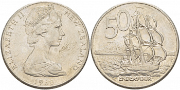 Новая Зеландия 50 центов 1980 Елизавета II (1952-2022), парусник Индевор KM 37.1 медно-никель 215-431