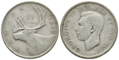 Канада 25 центов 1943 Георг VI (1936-1952), олень KM 35 серебро 93-116