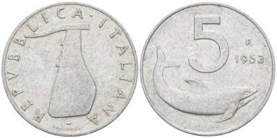 Италия 5 лир 1953 R, дельфин, плуг KM 92 алюминий 31-1034