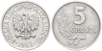 ПОЛЬША 5 ГРОШЕЙ 1963 KM А46 алюминий 100-1048