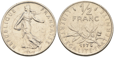 Франция 1/2 франка 1976 сеятель KM 931.1 никель    4169-155