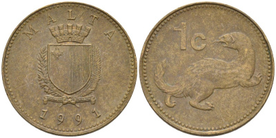 Мальта 1 цент 1991 ласка, горностай KM 93 никель латунь 4585-1164