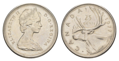 Канада 25 центов 1977 Елизавета II (1952-2022), олень KM 62b никель aUNC 4631-623