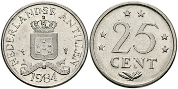 Нидерландские Антилы 25 центов 1984 Беатрикс (1980-2013) KM 11 никель 176-844