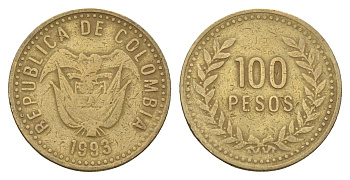 Колумбия 100 песо 1993 KM 285 латунь 4673-1236