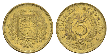 Финляндия 5 марок 1949 KM 31a латунь 4637-435