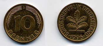 ФРГ 10 ПФЕННИГОВ 1996 A KM 108, J.383 сталь плакированная латунью 36-1223