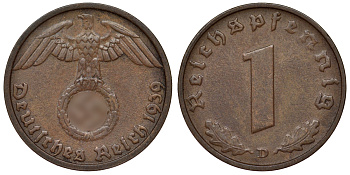 Германия 1 рейхспфенниг 1939 D KM 89, J. 361 бронза 4124-157