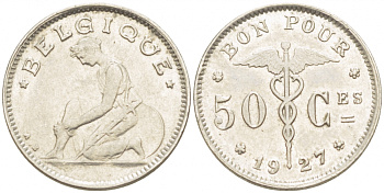 БЕЛЬГИЯ 50 САНТИМОВ 1927 BELGIQUE KM 87 никель 261-1613